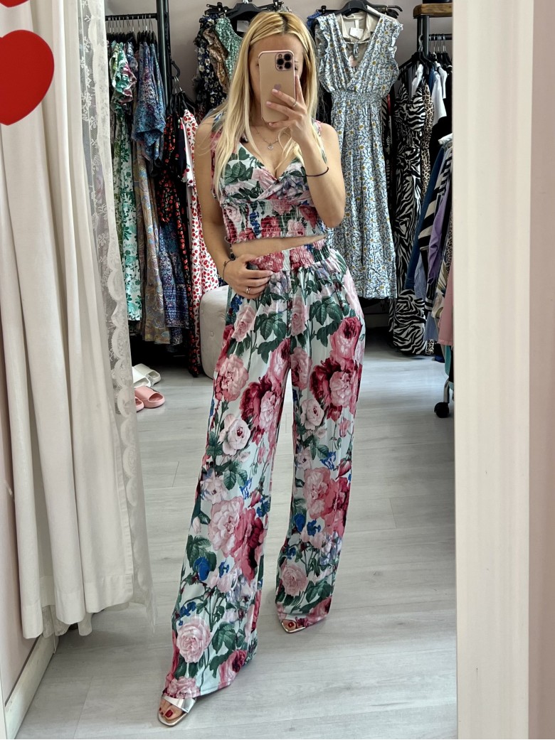 Set top e pantaloni A FIORI VERDE ACQUA