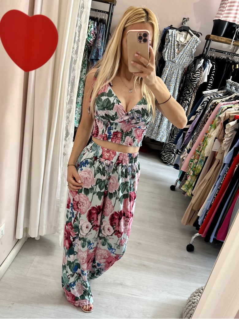 Set top e pantaloni A FIORI VERDE ACQUA